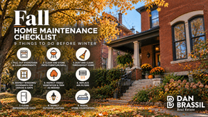 Fall home maintenance checklist featuring nine seasonal home care tips alongside a historic brick home in St. Louis.
